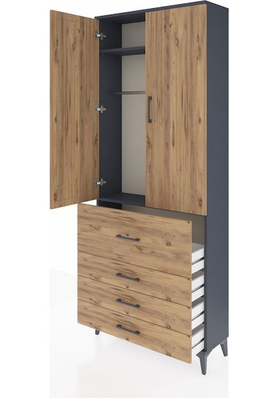 Arges Dolap 2 Raflı 4 Çekmeceli Tek Askılı 88x30x221 Antrasit-çam Antrasit