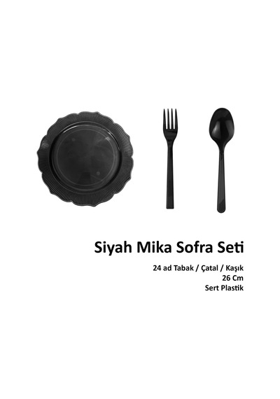 Omeyva 26 Cm. Siyah Sorfa Davet Seti - Sert Mika Plastik - 24 Kişilik Tabak Çatal Kaşık Takımı
