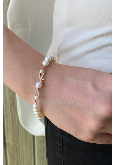 6,5 Mm Yaprak Taşlı Doğal İncili Bileklik 21 Cm / Sarı Sarı Sarı Altın