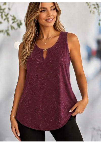 Butik İstanbul Kadın Kolsuz Yuvarlak Yakalı Isıltılı Sandy Bluz Bordo