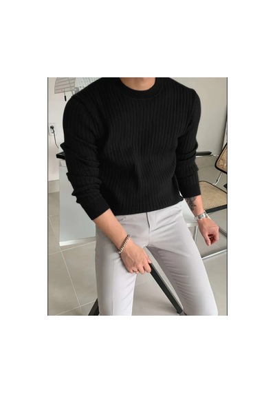 Cool Tarz Erkek Siyah Bisiklet Yaka Slim Fit Triko Kazak Siyah Siyah