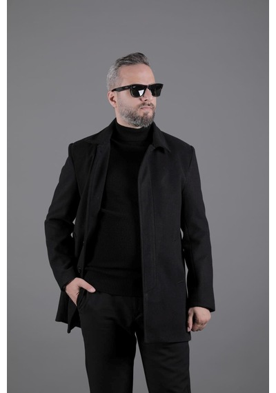 Ohepmoda Gizli Düğmeli Erkek Kaşe Kaban Mont Siyah