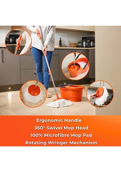 Macro Max Focus Otomatik Temizlik Seti, Pedalsız Döner Sıkmalı 360 Başlıklı Mikrofiber Paspas
