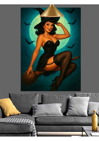Tatlı Cadı Kadın Seksi Poz Retro Dekoratif Kanvas - Mdf Ahşap Tablo