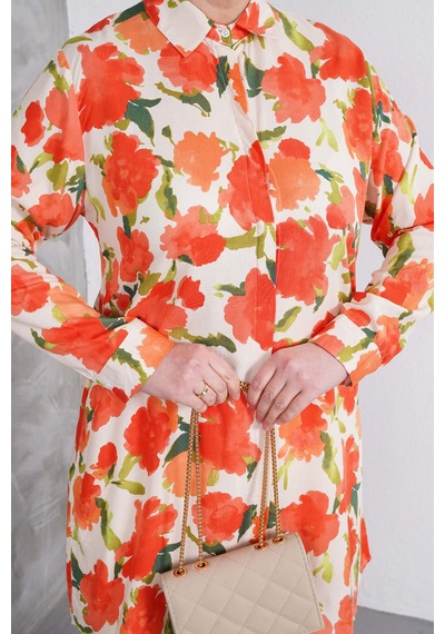 Polologin Butik Turuncu Çiçek Desenli Tunik Ve Krem Pantolon Takım Turuncu & Krem