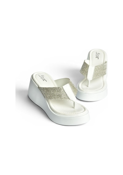 Fox Shoes Y973525309 Beyaz Taş Detaylı Parmak Arası Kalın Tabanlı Kadın Terlik