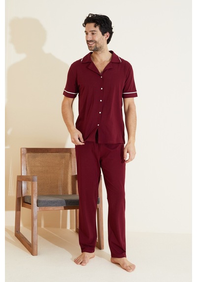 Siyah İnci Erkek Kısa Kollu Pamuklu Gömlek Yaka Düğmeli Biyeli Pijama Takım 7822 Bordo