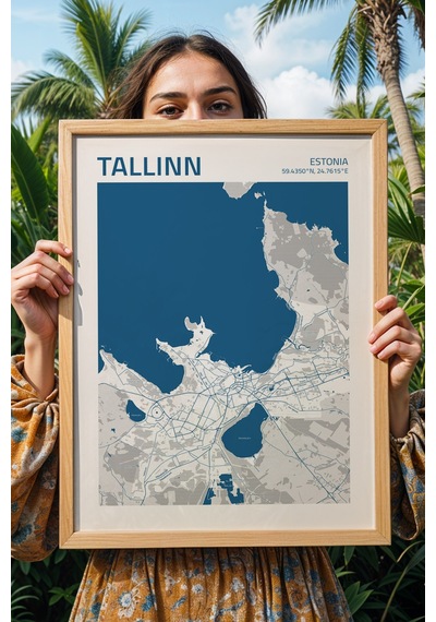 Tallinn Estonya Haritası Çerçeveli Tablo Lüks Salon Ofis Duvar Dekorasyonu Hediyelik Tablo Kayın
