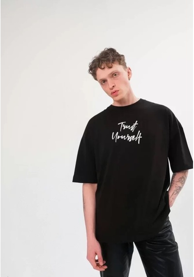 Suma Unisex Bisiklet Yaka Baskılı Oversize T-shirt Siyah L