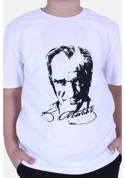 Markahit Atatürk Baskılı İmzalı Beyaz Unisex Çocuk T-shırt-beyaz Beyaz