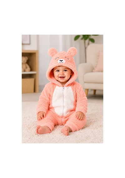 Kız Erkek Bebek Welsoft Peluş Tulum Kapüşonlu Fermuarlı Kışlık Bebek Tulumu Ayıcık Desenli Yumuşak Polar Tulum Somon