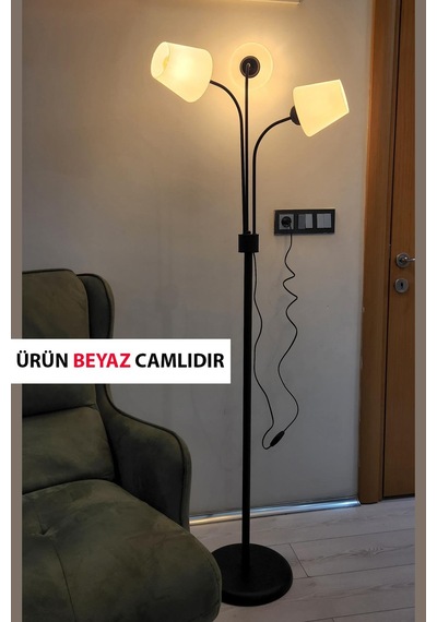 Zambak 3 Lü Siyah Tasarım Metal Ayaklı Lambader Ermando Cam Oturma Odası-salon Lambader Çok Renkli