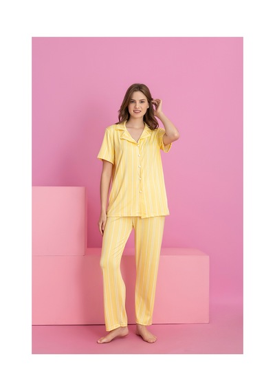 Rindahomewear Kadın Milan Sarı Çizgili Düğmeli Kısa Kol Pijama Takımı Sarı