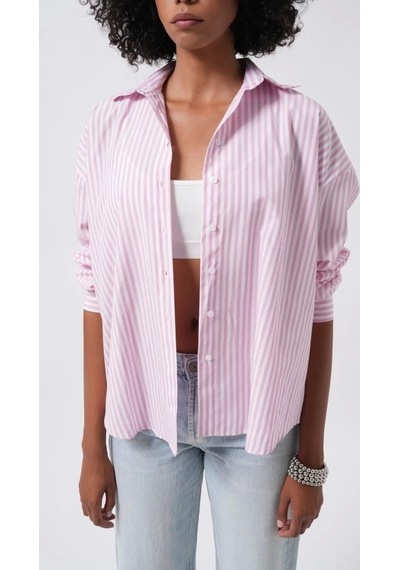 Defymoda Çizgili Detay Oversize Gömlek Pembe