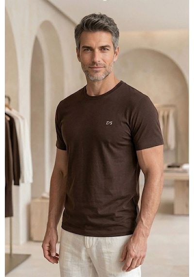 D's Damat Erkek T-shirt, Regular Fit Bisiklet Yaka Esnek Pamuklu Günlük Kısa Kollu Tişört Koyu Kahverengi Renkli
