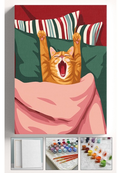Sayılarla Boyama Seti Numaralı Tuval Fırça Boya Askı Aparatı Dahil Set 40x50 Cm - Esneyen Kedi