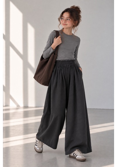 Angel&co. Girls Clothing Yazlık Kız Çocuk - İnce Modal - Geniş Pantolon - Antrasit- 10-15 Yaş Gri - 920734322 Gri