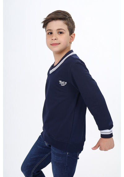 Toontoy Kids Toontoy Erkek Çocuk Regular Fit V Yaka Nakış Baskılı Okul Sweatshirt - Garni & 2 İplik Lacivert