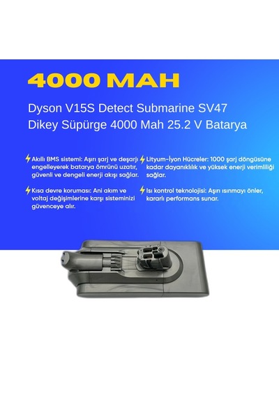 Dyson V15s Detect Submarine Sv47 4000 Mah Süpürge Batarya Yüksek Kapasiteli, Güçlü Ve Dayanıklı Yedek Pil Uzun Ömürlü Li-ıon Batarya