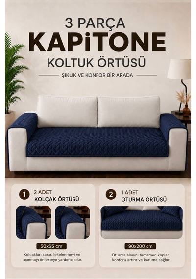 3 Parça Kaymaz Taban Kapitone Koltuk Örtüsü Takımı Çekyat Kanepe Seti Lacivert Lacivert