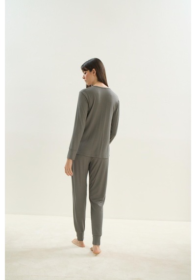 Sevim Kadın Uzun Kol Kaşkorse Haki Pijama Takım C8t7n1o61 001