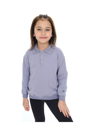Kız Çocuk Regular Fit Polo Yaka Düşük Omuz Nakış Baskılı Sweatshirt - 2 İplik Koyu Gri