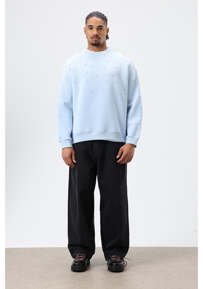 Vamos Yıkamalı Taş Detaylı Oversize Sweatshirt Bebek Mavisi