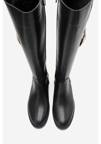 Luvi Shoes Morley Siyah Cilt Tokalı Kadın Binici Çizme