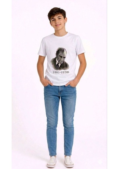 Vinevesta Erkek Çocuk Atatürk Baskılı Tişört Kısa Kollu Bisiklet Yaka T-shirt - Beyaz Çok Renkli