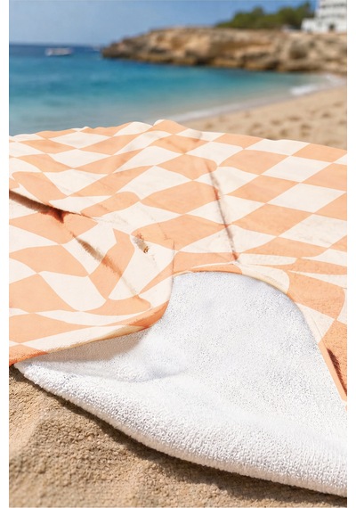 Damalı Kareli Turuncu Plaj Havlusu - Modern Retro Ekose Somon Bej Hızlı Kuruyan Mikrofiber Havlu Serin Lavanta