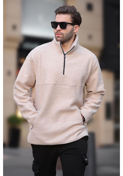 Madmext Ekru Dik Yaka Yarım Fermuarlı Buklet Sweatshirt 7084 Ekru