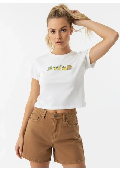 Park Karon 26025 Pamuk Desenli Crop Boy Bisiklet Yaka Örme Bluz Ekru 38