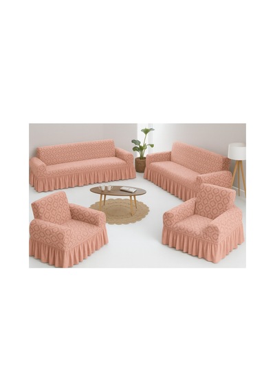 Jakarlı Şal Desen Koltuk, Kanepe, Çekyat Örtüsü, Likralı, Etekli, Koltuk Kılıfı 3+3+1+1 Takım Pudra - 797175283 Pudra