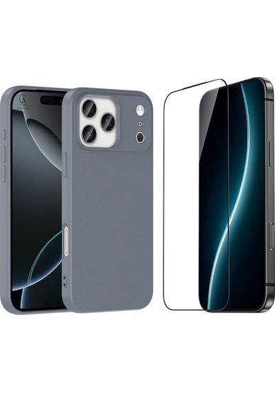 Apple Uyumlu iPhone 17 Pro Max Içi Kadife Lansman Kılıf Ve 5d Tam Kaplayan Cam Ekran Koruyucu Gri