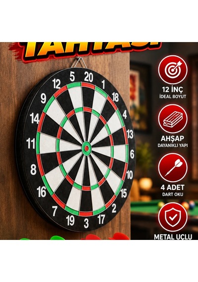 12 İnç Ahşap Dart Tahtası 4 Metal İğne Uçlu Dart Oklu Set