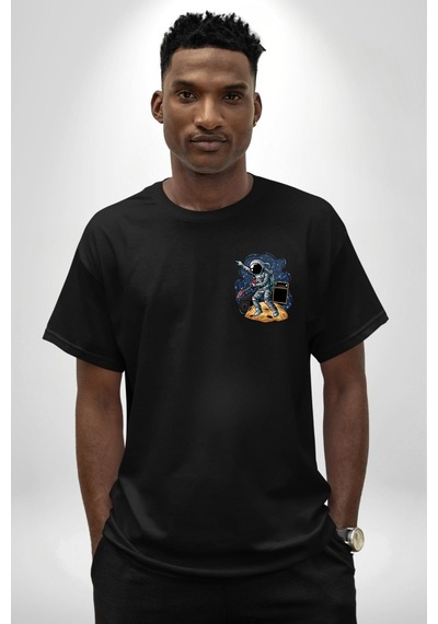Gitar Astronot Müzik Uzay Siyah Oversize Unisex Ön Sol Yan Minimal Baskılı Tişört Koyu Siyah