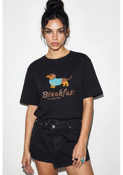 Shade Kadın Bisiklet Yaka Nakış Ve Boncuk İşlemeli Oversize T-shirt 2221 60286122 - Siyah