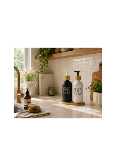 Buççin Online Mağaza Bambu Altlıklı Bambu Kapaklı İkili Cam Sıvı Sabunluk Ve Deterjan Seti 500ml+500ml Cam Beyaz Çok Renkli