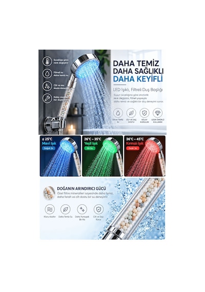 Sıcaklığa Duyarlı Led'li Arıtmalı Duş Başlığı Krom