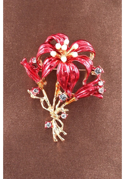 Tutkunun Ve Aşkın Simgesi Kırmızı Zambak Broş. Gold Taşlı Lüks Çiçekli Kadın Yaka İğnesi Çiçek Broş. Çok renkli