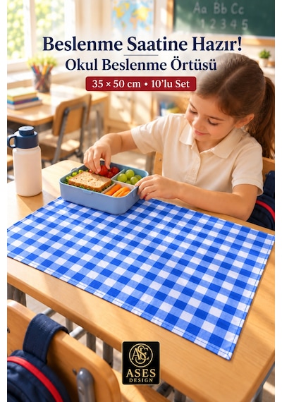 10 Lu Yıkanabilir Beslenme Örtüsü 35x50 Cm Mavi Beyaz Kareli Anaokulu Ve İlkokul