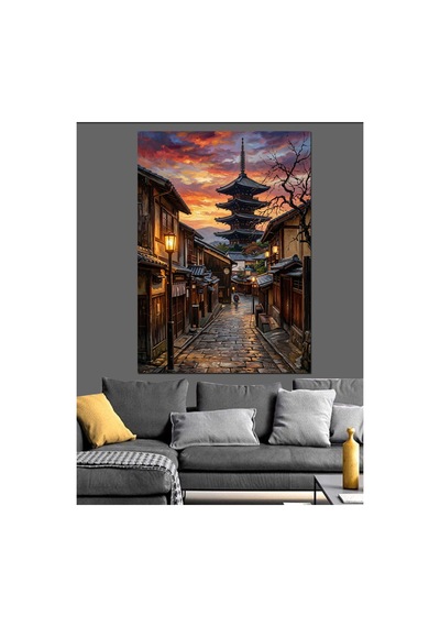 Gece Işığında Tarihi Japon Sokağı Yağlı Boya Dokulu Kanvas Tablo Canvas Tablosu