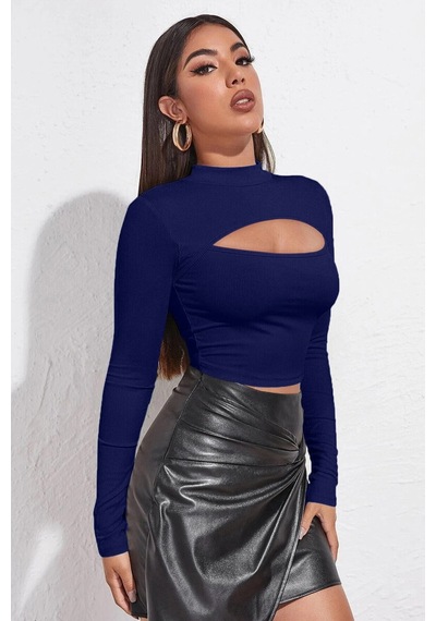 Kadın Lacivert Göğüs Dekolteli Uzun Kollu Cut Out Crop Top Bluz