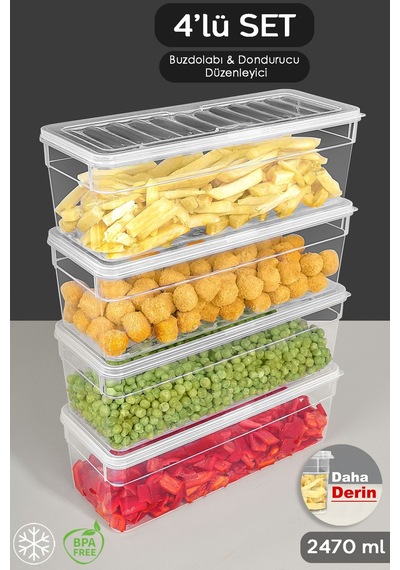 Meleni Home Şeffaf Kapak Düzenleyici Organizer Derin Mikrodalga Uyumlu Erzak Gıda Saklama Kabı Set 4'lü 2470 ML Şeffaf