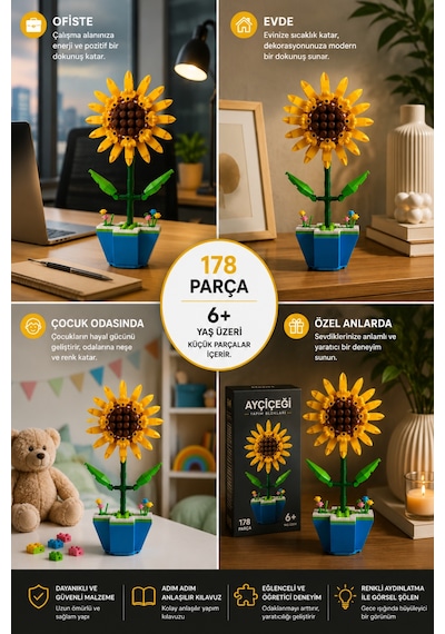Ayçiçeği Yapım Blokları 178 Parça Led Işıklı Dekoratif Yapboz Çiçek Seti 6+ Yaş