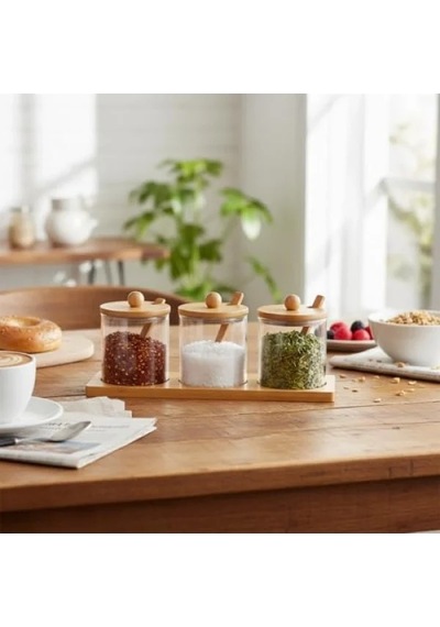Bambu Standlı 3'lü Cam Baharatlık Seti Açık Bej