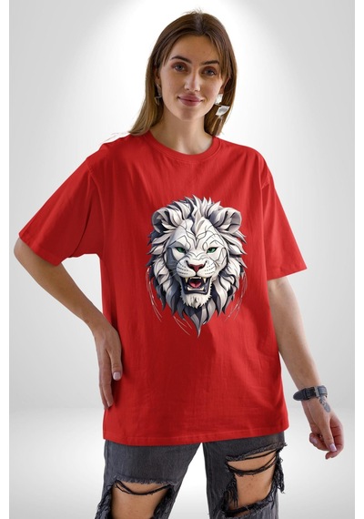 Beyaz Kaplan Kükreme Pamuklu Bisiklet Yaka Unisex Oversize Boyfriend Dijital Baskılı Kırmızı T-shirt Kırmızı