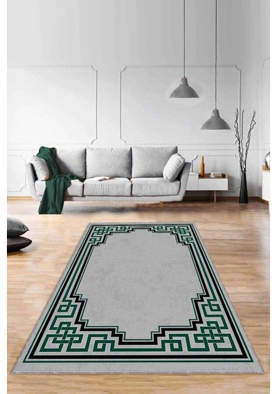 Yeşil Çerçeveli Kaymaz Taban Makinede Yıkanabilir Halı Rv092n11