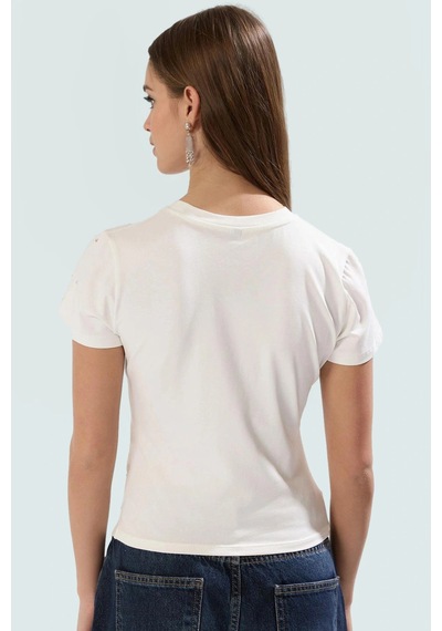 Ersefa Asimetrik Taşlı T Shirt Pamuklu Fitted Yazlık Dayanıklı Malzeme M Beyaz