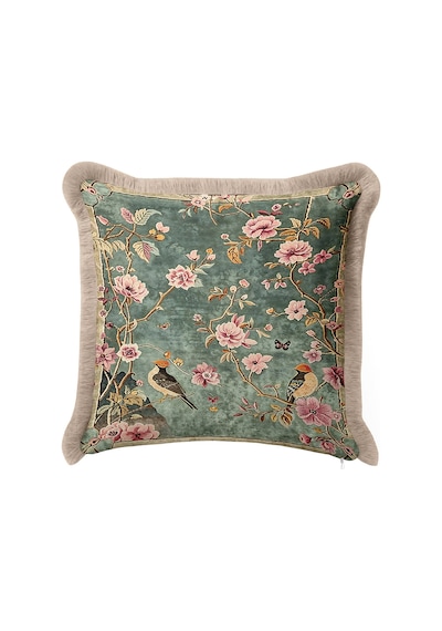 Lüks Çiçekli Kuş Motifli Saçaklı Yastık Kılıfı - Vintage Yeşil Pudra Rustik Püsküllü Kırlent Kılıfı Çok Renkli